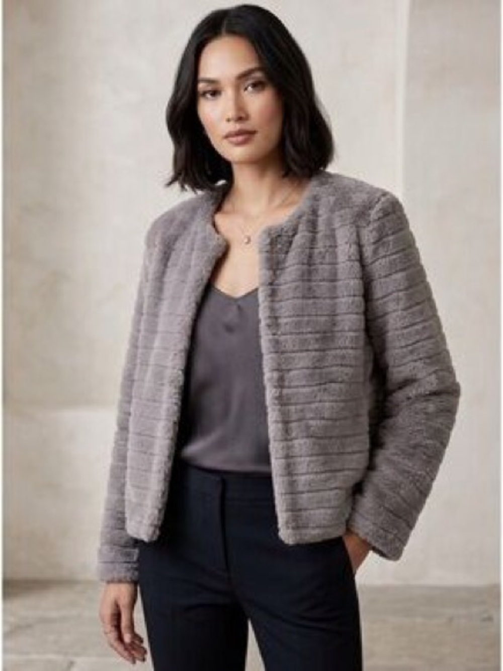 KAII Los Angeles Faux Fur Open Front Jacket Taupe Gray Soft Plush Coat Large
